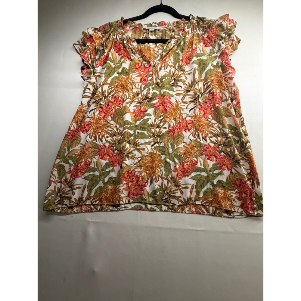 Rose + Olive Floral Ruffle Cap Sleeve Blouse Orange Green Tropical Large